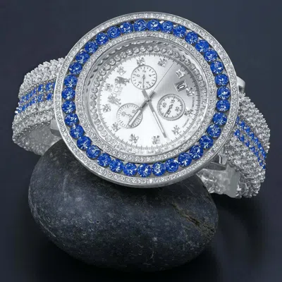 Pre-owned Ice House 18k White Gold Finish Custom Watch Real Diamond Dial Blue Bezel & Band Stainless
