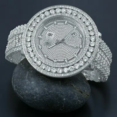 Pre-owned Ice House 18k White Gold Finish Men's Real Diamond Dial Watch Custom Band Full Illusion Xl
