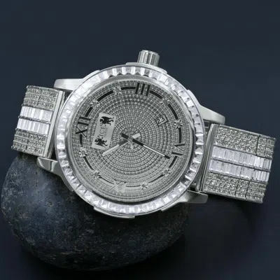 Pre-owned Ice House 18k White Gold Finish Real Diamonds Roman Dial Band Watch Stainless Steel Bezel