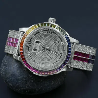 Pre-owned Ice House 18k White Gold Finish Real Diamonds Roman Dial Rainbow Solid Steel Bezel Watch