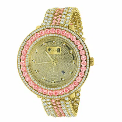 Pre-owned Ice House 18k Yellow Gold Finish Pink & White Real Genuine Diamond Men Custom Watch W/date