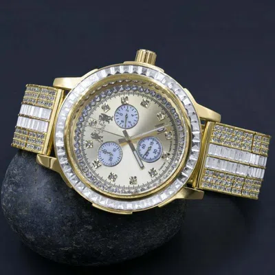 Pre-owned Ice House 18k Yellow Tone Real Diamond Solid Steel Baguette Solitaire Bezel Custom Watch