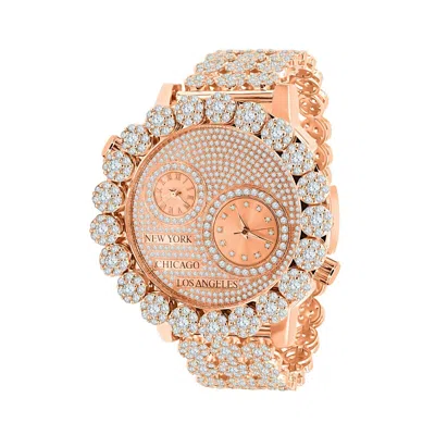 Pre-owned Ice House 2 Time Zone Diamond Dial Rose Gold Tone Chronograph Flower Bezel Band Mens Watch