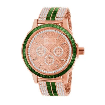 Pre-owned Ice House Adjustable Size Custom Band Solid Steel Bezel Rose Gold Green Dial Diamond Watch