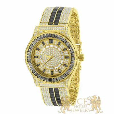 Pre-owned Ice House Black Onyx 18k Gold Tone Baguette Round Simulated Diamond Mens Custom Band Watch