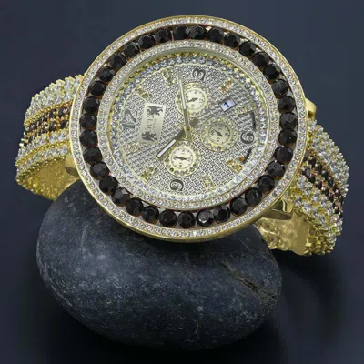 Pre-owned Ice House Black Onyx Real Genuine Diamond Men's Custom Watch 18k Yellow Gold Finish W/date