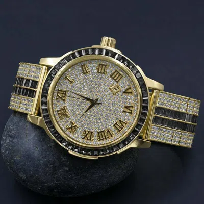 Pre-owned Ice House Black Onyx Roman Numeral Dial Gold Tone Simulate Diamond Solid Steel Bezel Watch