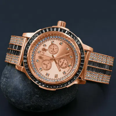 Pre-owned Ice House Black Onyx Rose Gold Tone Real Diamond Dial Solid Steel Custom Bezel Band Watch