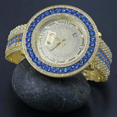 Pre-owned Ice House Blue Sapphire Real Genuine Diamond Mens Custom Watch 18k Yellow Gold Tone W/date