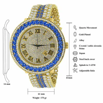 Pre-owned Ice House Blue Sapphire Roman Numeral Dial Simulated Diamond Gold Tone Men's Custom Watch
