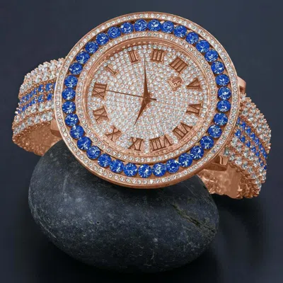 Pre-owned Ice House Blue Solitaire Roman Face Simulated Diamond 18k Rose Gold Tone W/date Watch