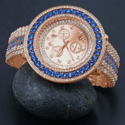 Pre-owned Ice House Blue Solitaire Xxl Big Face Simulate Diamond 18k Rose Gold Tone W/date Watch