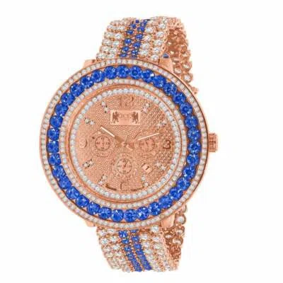 Pre-owned Ice House Blue Solitaire Xxl Big Face Simulate Diamond 18k Rose Gold Tone W/date Watch