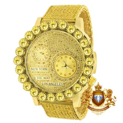 Pre-owned Ice House Canary Men's Solitaire 2 Time Zone Chronograph Diamond Dial Yellow Gold Watch