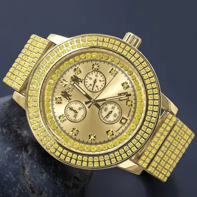 Pre-owned Ice House Canary Real Diamond Dial Full Stainless Steel 18k Gold Mens Watch 54mm W/date