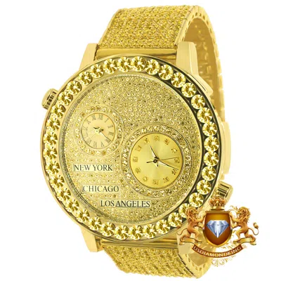 Pre-owned Ice House Canary Solitaire 2 Time Zone Chronograph Real Diamond Dial 18k Gold Finish Watch