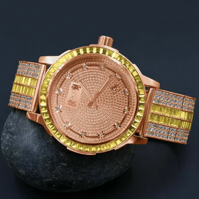 Pre-owned Ice House Custom Canary Solid Steel Bezel Rose Gold Tone Real Diamonds Band Watch W/date