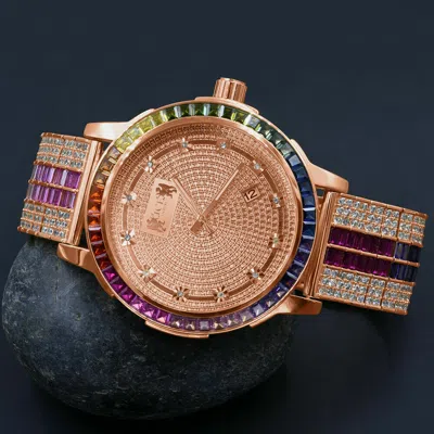 Pre-owned Ice House Custom Rainbow Multi Tone Solid Steel Bezel Band Rose Gold Real Diamond Watch