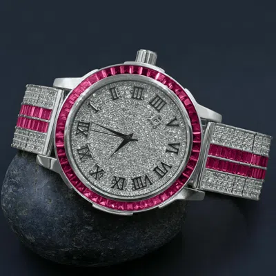 Pre-owned Ice House Custom Roman Face Pink Tourmaline Steel Baguette Solitaire Bezel Band Mens Watch