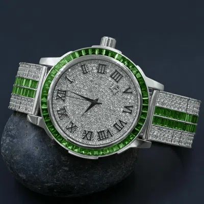 Pre-owned Ice House Custom Roman Simulated Diamond Green Emerald Watch White Gold Solid Steel W/date