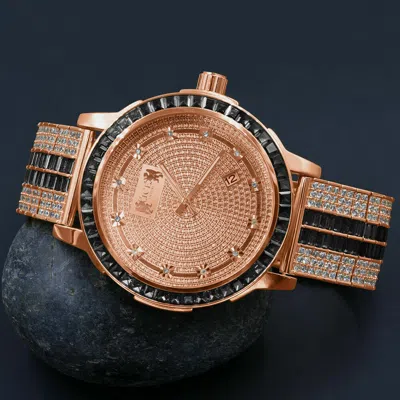 Pre-owned Ice House Custom Solid Steel Rose Gold Black Onyx Real Diamond Dial Bezel Band Men's Watch