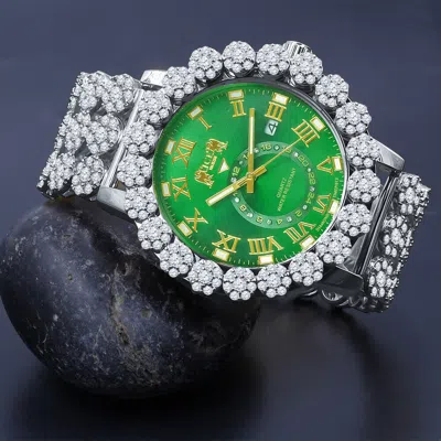 Pre-owned Ice House Emerald Green 12 Real Diamond Roman Dial Flower Band Bezel White Gold Tone Watch