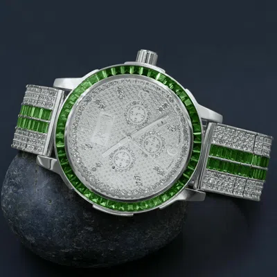 Pre-owned Ice House Emerald Green Custom Solid Steel Bezel Real Diamond Dial White Gold Finish Watch