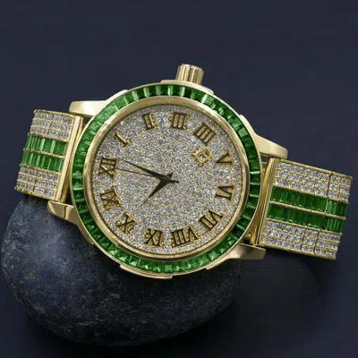 Pre-owned Ice House Emerald Green Roman Numeral Dial Simulate Diamond Solid Steel Bezel Custom Watch