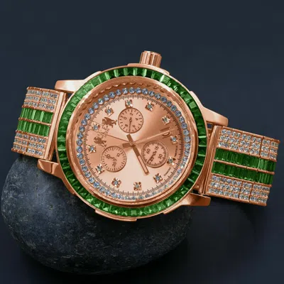 Pre-owned Ice House Emerald Green Rose Gold Two Tone Solid Steel Baguette Solitaire Bezel Band Watch