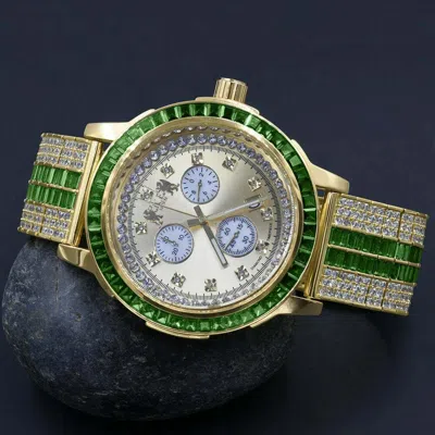 Pre-owned Ice House Emerald Green Solid Steel Baguette - Cut Real Diamond Solitaire Bezel Gold Tone