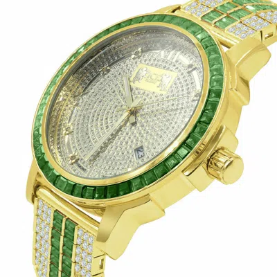 Pre-owned Ice House Emerald Green Solid Steel Baguette Cut Solitaire Bezel Gold Tone Diamond Watch