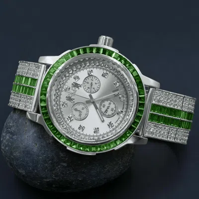 Pre-owned Ice House Emerald Green White Gold Custom Solid Steel Bezel Band Baguette Diamond Watch