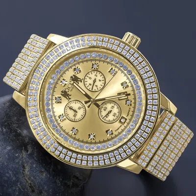 Pre-owned Ice House Full Stainless Steel Real Diamond Dial Gold Tone Finish Men's Watch W/date 54mm