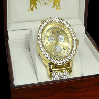 Pre-owned Ice House Genuine Diamond 14k Gold Tone Finish Big Stone Custom Bezel Xl Men's Band Watch