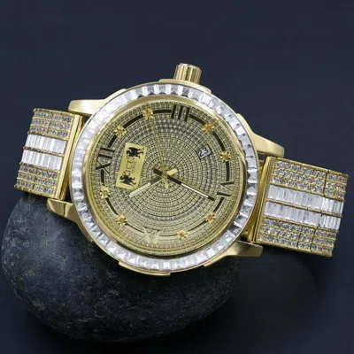 Pre-owned Ice House Genuine Diamond Dial 18k Yellow Gold Tone Roman Dial Stainless Steel Bezel Watch