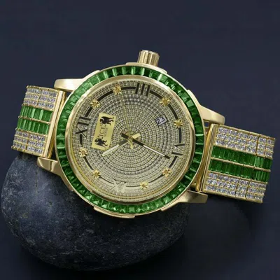 Pre-owned Ice House Genuine Diamond Dial Emerald Green Gold Tone Custom Stainless Steel Bezel Watch