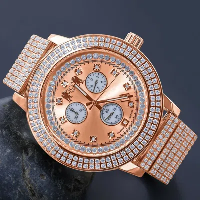 Pre-owned Ice House Genuine Diamond Dial Full Stainless Steel 18k Rose Gold Men'swatch W/date 54 Mm