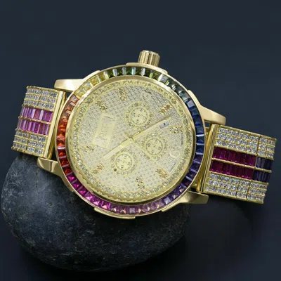Pre-owned Ice House Genuine Diamond Dial Rainbow Multi Tone 18k Gold Finish Solid Steel Bezel Watch