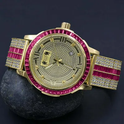 Pre-owned Ice House Genuine Diamond Dial Ruby Red Gold Tone Roman Dial Stainless Steel Bezel Watch