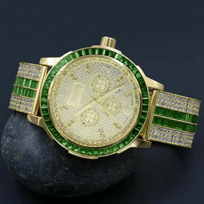Pre-owned Ice House Genuine Diamond Emerald Green Custom Solid Steel Bezel Adjustable Band Men Watch