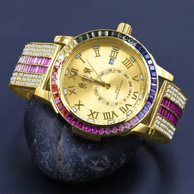 Pre-owned Ice House Genuine Diamond Men's Yellow Gold Tone Baguette Rainbow Multi Dial Custom Watch