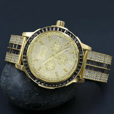 Pre-owned Ice House Genuine Diamonds Dial Black Onyx Solid Steel Custom Bezel Band Gold Tone Watch