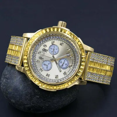 Pre-owned Ice House Gold Canary Tone Real Diamond Solid Steel Baguette Solitaire Bezel Custom Watch