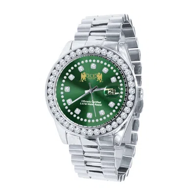 Pre-owned Ice House Green Dial Solid Steel Solitaire White Gold Finish Simulated Diamond 41mm Watch