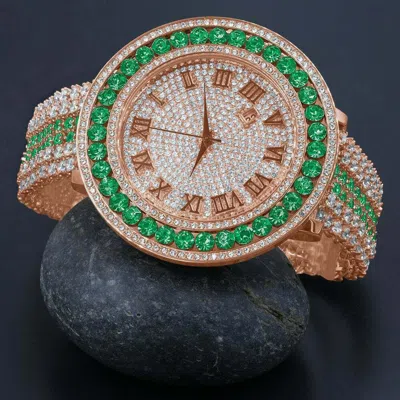 Pre-owned Ice House Green Solitaire Roman Face Simulated Diamond 18k Rose Gold Tone W/date Watch