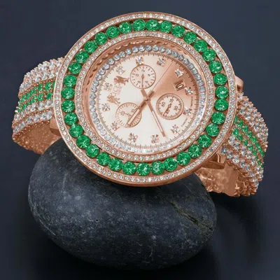 Pre-owned Ice House Green Solitaire Xxl Face Simulated Diamond 18k Rose Gold Tone W/date Watch
