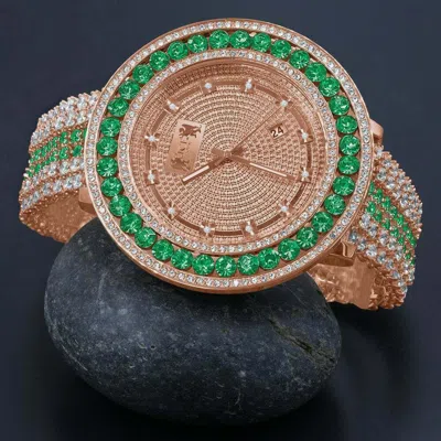 Pre-owned Ice House Green Solitaire Xxl Face Simulated Diamond 18k Rose Gold Tone W/date Watch