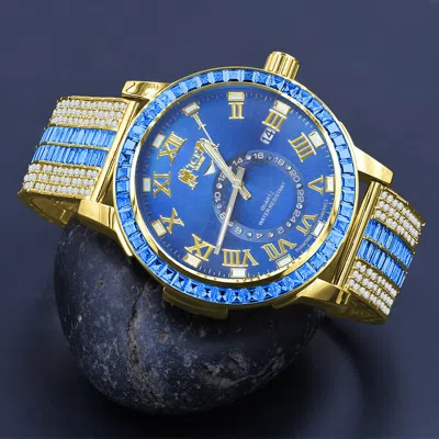Pre-owned Ice House Icy Blue Baguette Yellow Gold Tone Blue Face Dial Custom Band Luxury Watch