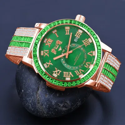 Pre-owned Ice House Icy Green Baguette Rose Gold Tone Green Face Dial Custom Band Luxury Watch