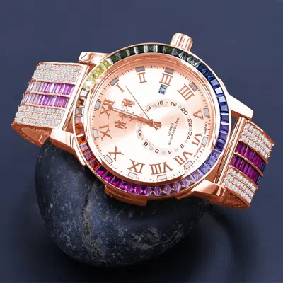 Pre-owned Ice House Icy Rainbow Baguette Rose Gold Tone Red Face Dial Custom Band Luxury Watch